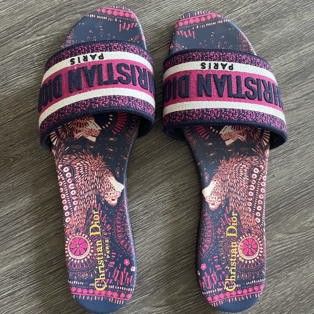 Dior Pink Christian Dway Animals Blue White Logo Slide Mule Flat Sandals